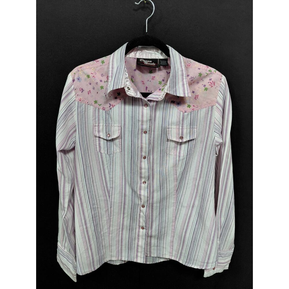 Donna Nicole Striped Floral Western Shirt Woven Long Sleeve Women Size M